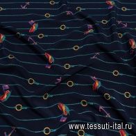 Крепдешин (н) морская тема и бирюзовая стилизованная полоска на темно-синем в стиле Ralph Lauren - итальянские ткани Тессутидея арт. 10-2472