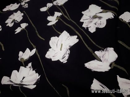 Крепжоржет (н) бело-бежевый цветочный орнамент на темно-фиолетовом - итальянские ткани Тессутидея арт. 02-8353