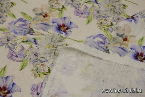 Лен (н) сине-серо-бежевый цветочный рисунок на белом - итальянские ткани Тессутидея арт. 16-0855