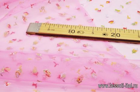 Органза с вышивкой (н) мелкий цветочный орнамент на розовом - итальянские ткани Тессутидея арт. 03-5396