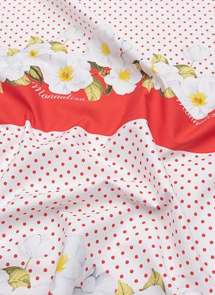 Хлопок бордюры (н) белые цветы и горох на красно-белом - в интернет-магазине тканей Тессутидея арт. 01-6912