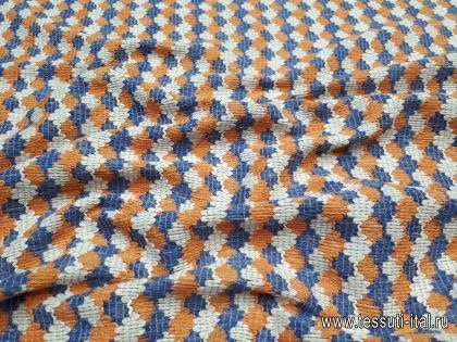 Жаккард (н) сине-бело-оранжевый орнамент - итальянские ткани Тессутидея арт. 03-5452