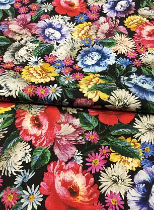 Плательная стрейч (н) крупный цветочный орнамент на черном - в интернет-магазине тканей Тессутидея арт. 01-4600