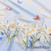 Хлопок бордюр (н) цветы бабочки и божьи коровки на голубом - итальянские ткани Тессутидея арт. 01-6917