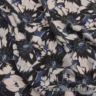 Крепдешин (н) черно-белый цветочный рисунок на синем - итальянские ткани Тессутидея арт. 10-2916