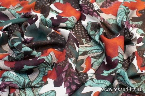 Крепжоржет (н) коричнево-зелено-бордовая растительная абстракция - итальянские ткани Тессутидея арт. 02-9019