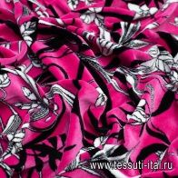 Трикотаж хлопок велюр (н) черно-белый растительный орнамент на ярко-розовом - итальянские ткани Тессутидея арт. 12-0927