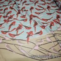 Шифон (н) красно-розовые птицы на ветках  - итальянские ткани Тессутидея арт. 02-5475