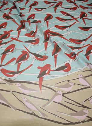 Шифон (н) красно-розовые птицы на ветках  - в интернет-магазине тканей Тессутидея арт. 02-5475