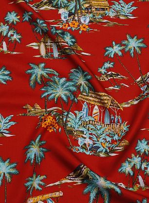 Плательная вискоза (н) гавайский рисунок на красном  - в интернет-магазине тканей Тессутидея арт. 04-1753