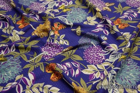 Шелк дама (н) растительный рисунок и бабочки на темно-синем - итальянские ткани Тессутидея арт. 10-1654