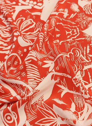 Крепдешин (н) белый растительно-животный рисунок на терракотовом - в интернет-магазине тканей Тессутидея арт. 10-2391