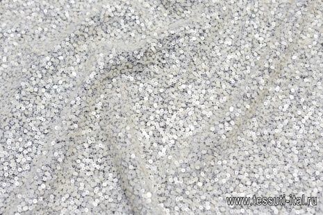 Кружевное полотно с люрексом расшитое (о) бело-серебряное расшитое молочными пайетками и бисером - итальянские ткани Тессутидея арт. 03-6671