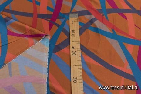 Плательная вискоза стрейч (н) яркие стилизованные ленты на терракотовом - итальянские ткани Тессутидея арт. 04-1450