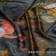 Шелк атлас стрейч купон (1,15м) (н) фламинго на растительном рисунке - итальянские ткани Тессутидея арт. 10-2578