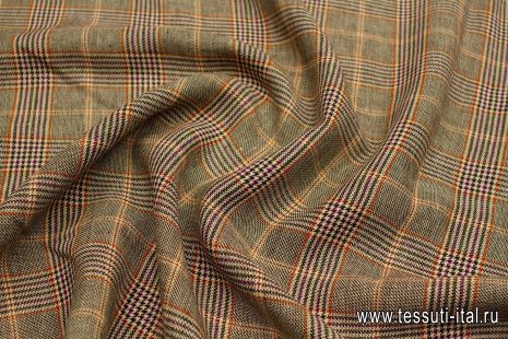Костюмный лен 300 г/м (н) бежево-коричнево-красно-синяя стилизованная клетка - итальянские ткани Тессутидея арт. 05-4527