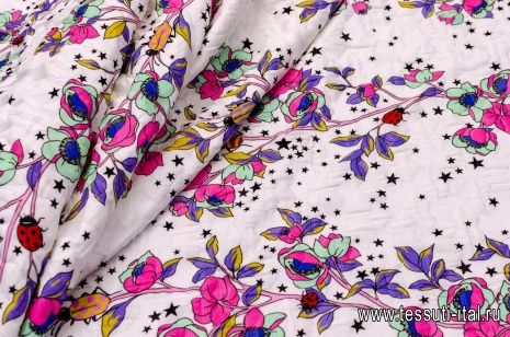 Жаккард (н) цветы и жуки на белом - итальянские ткани Тессутидея арт. 03-5719