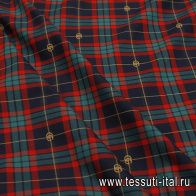 Хлопок (н) красно-бежево-зеленая клетка и логотип на темно-синем - итальянские ткани Тессутидея арт. 01-7986