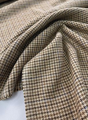 Костюмная шерсть+лен (н) бежево-коричнево-голубая клетка - в интернет-магазине тканей Тессутидея арт. 05-5092