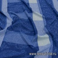 Крепдешин (н) растительный рисунок на  сине-голубой геометрии Ratti - итальянские ткани Тессутидея арт. 10-2234