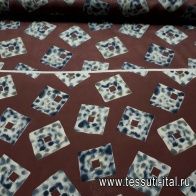 Крепдешин купон (0,69м) (н) серо-синие стилизованные квадраты на бордовом - итальянские ткани Тессутидея арт. 02-6845