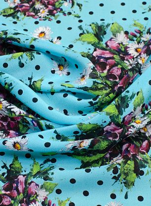 Крепдешин (н) акварельный цветочный орнамент и черный горох на бирюзовом в стиле Blumarine - в интернет-магазине тканей Тессутидея арт. 02-8701
