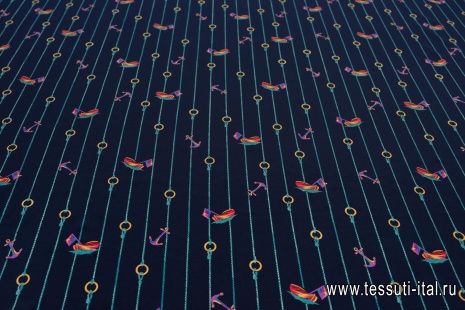 Крепдешин (н) морская тема и бирюзовая стилизованная полоска на темно-синем в стиле Ralph Lauren - итальянские ткани Тессутидея арт. 10-2472