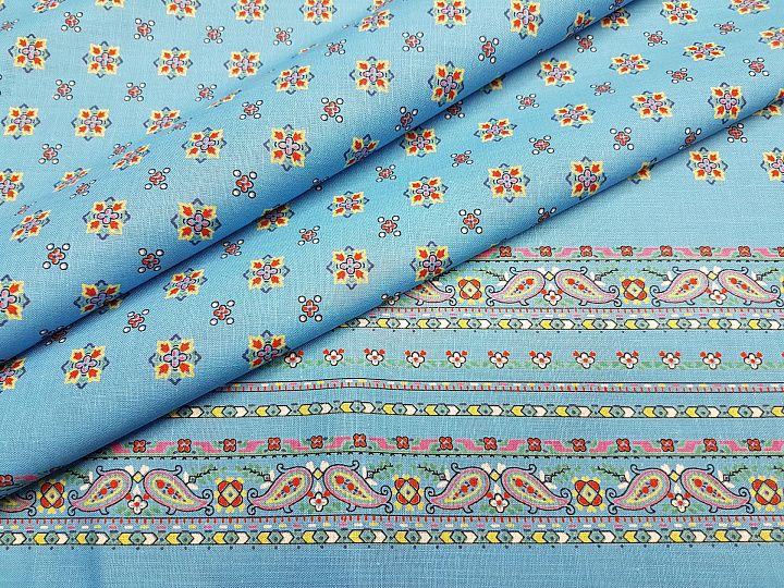 Плательная (н) цветочно-геометрический орнамент на голубом - итальянские ткани Тессутидея арт. 01-4152