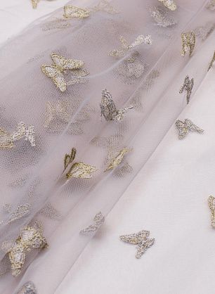 Плательная сетка с вышивкой (н) серебрянно-золотые бабочки из люрекса на светло-сером - в интернет-магазине тканей Тессутидея арт. 03-5783