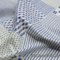 Плательная стрейч (н) синий орнамент на айвори - итальянские ткани Тессутидея арт. 01-4503