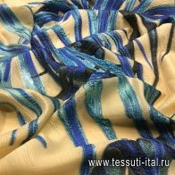 Жаккард с люрексом (н) сине-голубой орнамент на бежевом - итальянские ткани Тессутидея арт. 03-4949