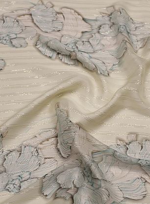 Шифон (н) бирюзовый цветочный рисунок и полоски из люрекса на светло-бежевом - в интернет-магазине тканей Тессутидея арт. 10-4619