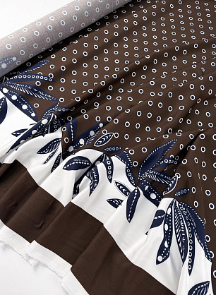 Плательная вискоза (н) сине-белый горох и бордюр на темно-коричневом - в интернет-магазине тканей Тессутидея арт. 04-1870