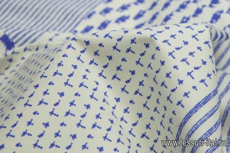 Плательная стрейч (н) синий орнамент на айвори - итальянские ткани Тессутидея арт. 01-4503