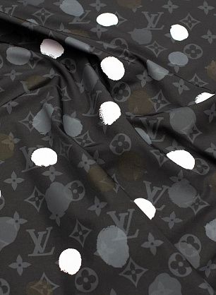 Плащевая с водоотталкивающим покрытием (н) логотип и стилизованный горох на черном - в интернет-магазине тканей Тессутидея арт. 11-0481