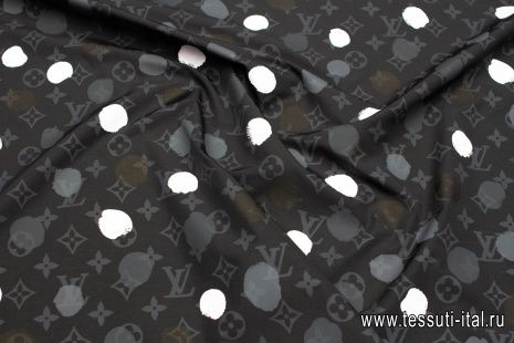 Плащевая с водоотталкивающим покрытием (н) логотип и стилизованный горох на черном - итальянские ткани Тессутидея арт. 11-0481