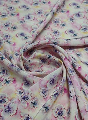 Крепдешин стрейч (н) розово-сиренево-желтый цветочный орнамент - в интернет-магазине тканей Тессутидея арт. 02-5739