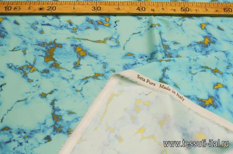Шелк атлас стрейч (н) желто-синяя абстракция на бирюзовом - итальянские ткани Тессутидея арт. 10-3401