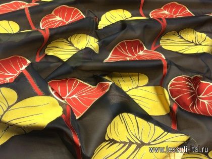 Органза с люрексом (н) крупный красно-желтый орнамент на черном - итальянские ткани Тессутидея арт. 03-4850