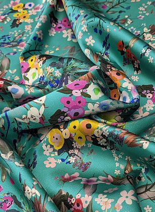 Шелк атлас стрейч (н) цветочный рисунок на бирюзовом - в интернет-магазине тканей Тессутидея арт. 10-3065