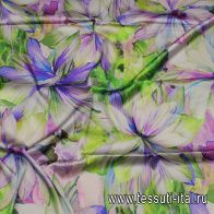 Шелк атлас стрейч (н) крупный сиренево-зеленый цветочный рисунок - итальянские ткани Тессутидея арт. 10-3426