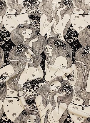 Крепдешин (н) женские силуэты на молочном - в интернет-магазине тканей Тессутидея арт. 10-3794